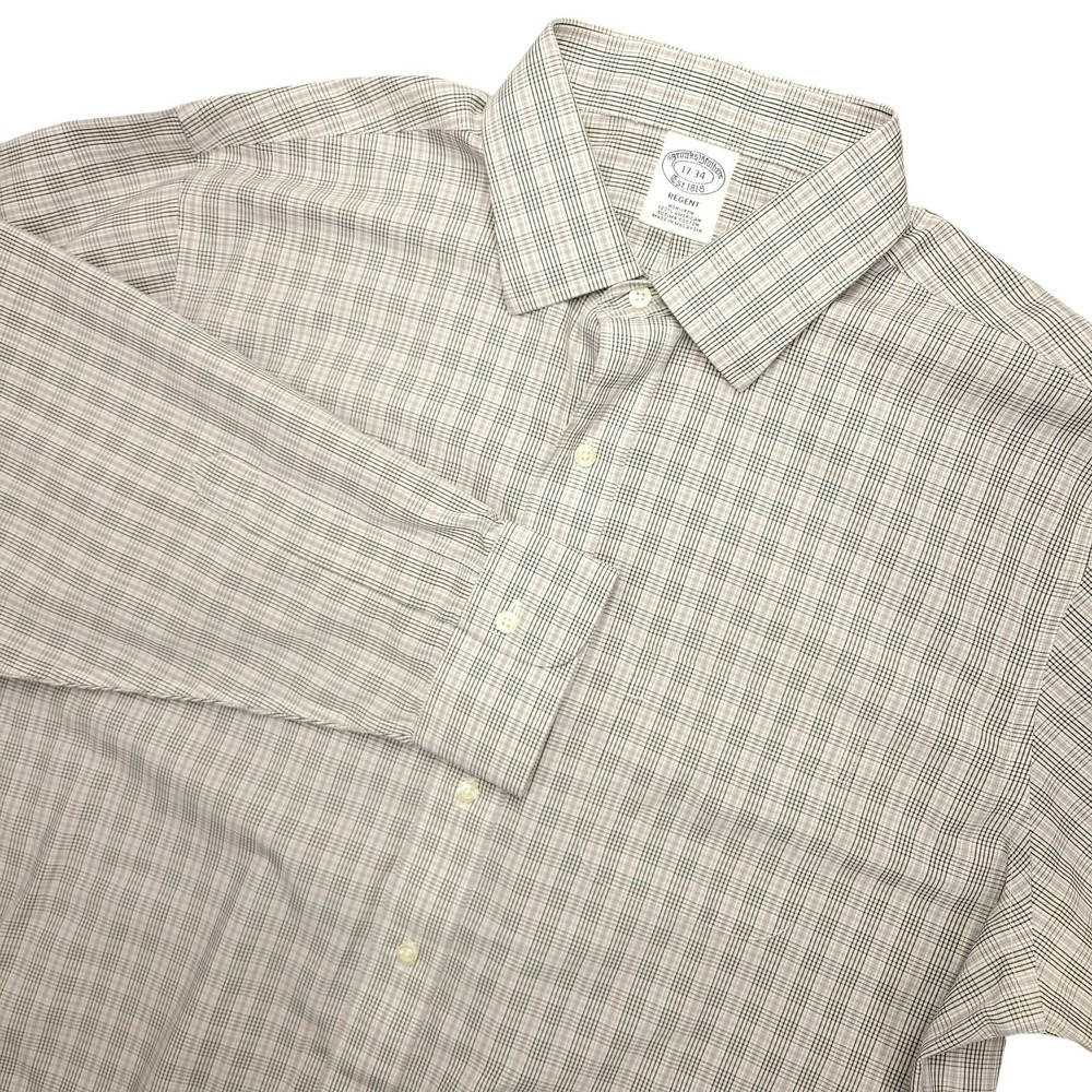 Brooks Brothers Dress Shirt Mens 17 34 Gray‎ Check Regent Non Iron Supima